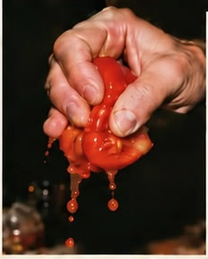 Une main presse une tomate mûre, le jus coule — photographié au flash