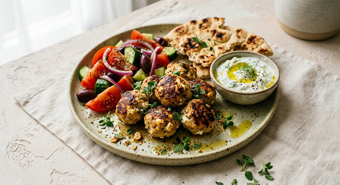 Boulettes de poulet, feta, origan, salade grecque et tzatziki