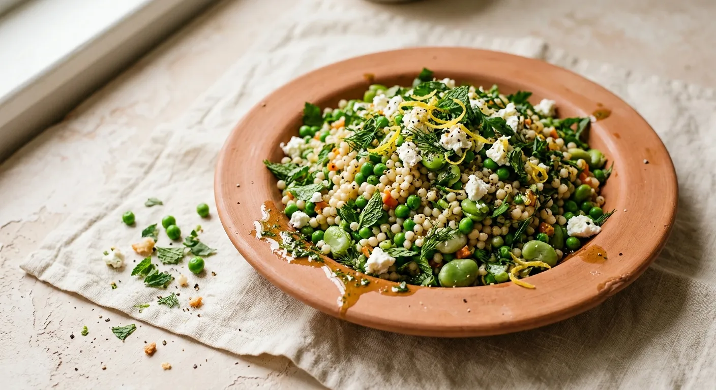 Salade de couscous perlés, petits pois et herbes